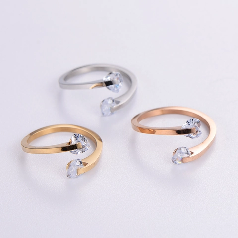 Double Heart Cubic Zirconia Open Ring 316L Stainless Steel Adjustable Minimalist Fashion Jewelry For Women