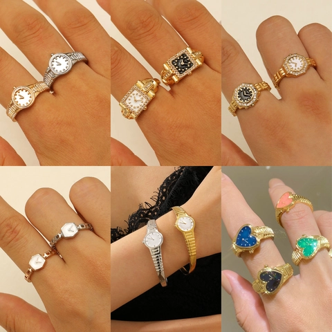 Vintage Watch Shaped Ring Adjustable Open Finger Jewelry Copper Rhinestone Trendy Clock Dial Design For Couples Women Men