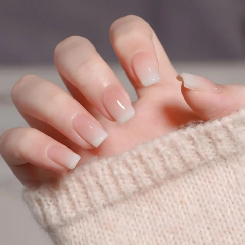 Glossy Nude Pink Ombre Press On Nails Square Shape ABS Plastic With Glue DIY Manicure For Women Elegant French Style Salon