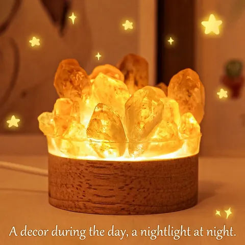 Natural Crystal Night Light Atmosphere Lamp Raw Amethyst Citrine Stone Wood Base USB Powered Desktop Decor Handmade Gift