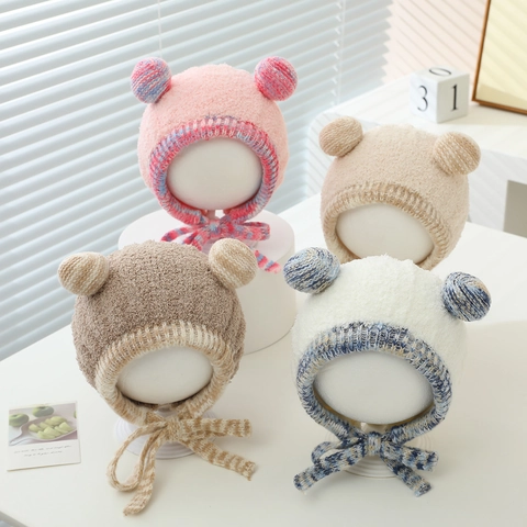 Cappello Invernale Peluche Neonato Carine Orecchie Orso Beanie Paraorecchie Ispessito Caldo Antivento Per Bambini Con Lacci
