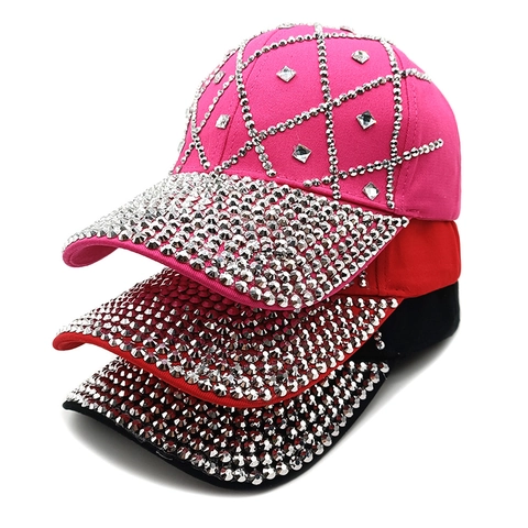 Cotton Rhinestone Baseball Cap Shiny Geometric Grid Pattern Sunshade Outdoor Sport Hat For Women Men
