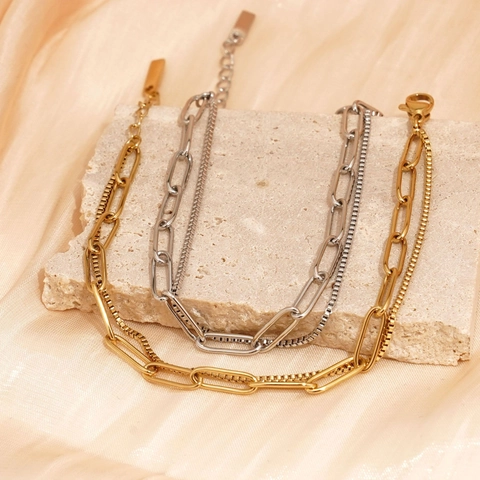 Double Layer Bracelet Stainless Steel Paperclip And Box Chain Waterproof Hypoallergenic Minimalist Trendy Aesthetic Jewelry