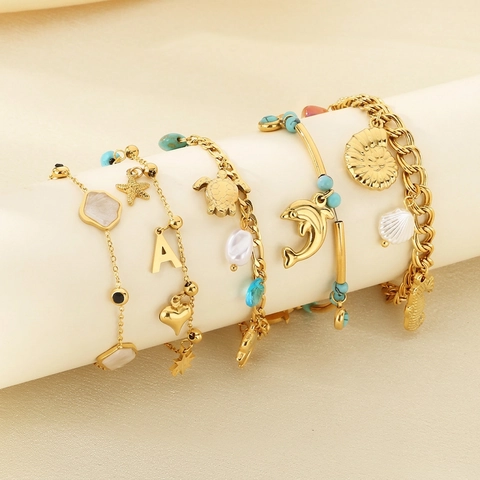 Oceaan Thema Charm Armband Roestvrij Staal Turkoois Schildpad Zeester Schelp Dolfijn Hart Letter A Sieraden Voor Dames