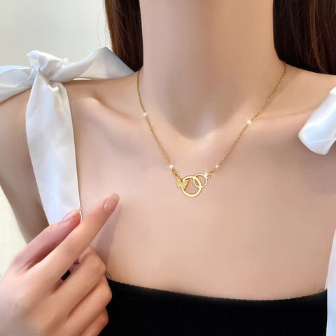 Titan Stahl Schmetterling Doppelring Halskette Für Frauen Minimalistische Schlüsselbeinkette Strass Schmuck Geschenk