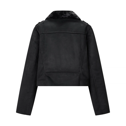 Giacca Moto Donna Nero Cappotto In Scamosciato Sintetico Con Collo In Pelliccia Sintetica Corto Slim Biker Moda Cerniera