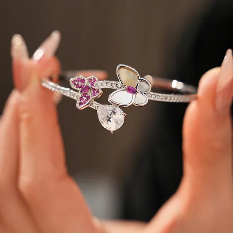 Bracelet Jonc Papillon Zircon Rose Nacre Cuivre Réglable Ouvert Goutte Deau Élégant Pour Femme