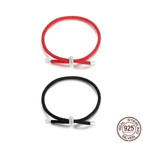 925 Sterling Silver Braided Rope Bracelet Adjustable Woven Cord DIY Basic Jewelry Red Black For Men Women