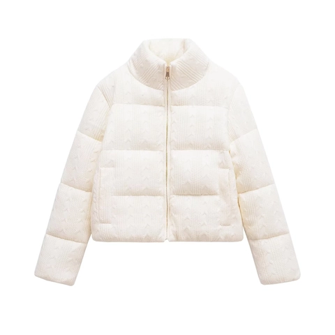Piumino Donna Texture Maglia Trecce Collo Alto Cerniera Cappotto Imbottito Corto Invernale