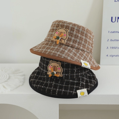 Cappello Da Pescatore A Quadri Per Bambini Tweed Caldo Antivento Cartone Animato Capybara Per Piccoli Autunno Inverno