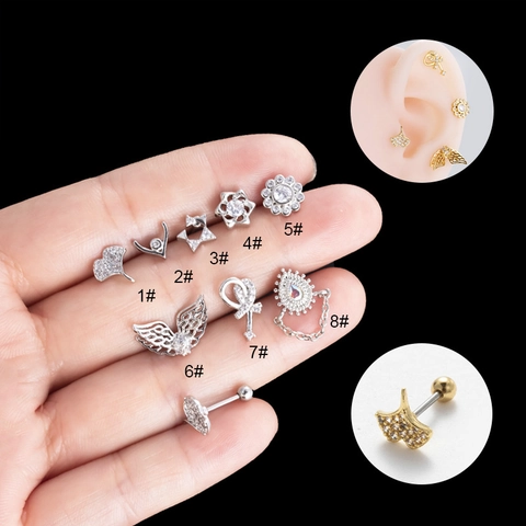 Flower Star Heart Stud Earrings Stainless Steel Zircon Cartilage Piercing Jewelry With Double Screw Ball Back