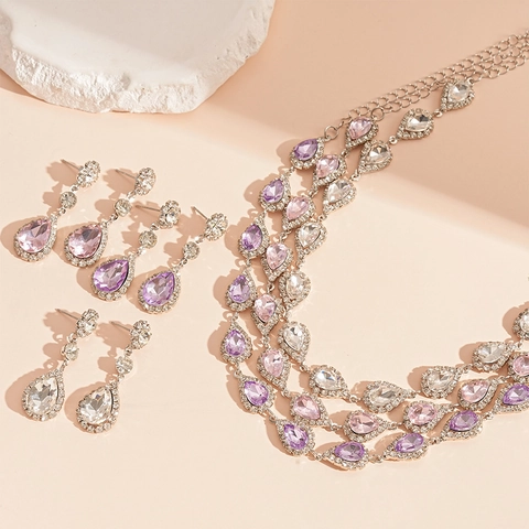 Gioielli A Goccia D'acqua Collana E Orecchini In Rame Con Strass Stile Di Lusso Elegante Per Donna