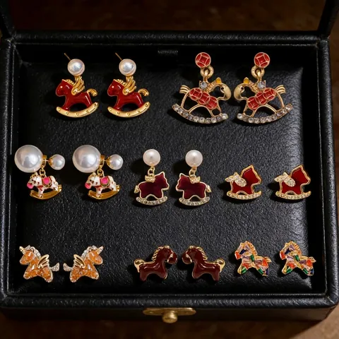 Paard Schommelpaard Hangende Oorbellen 18K Verguld Koper Met Zilveren Oorstokjes Zirkoon Emaille Kunstparel Vakantie Sieraden