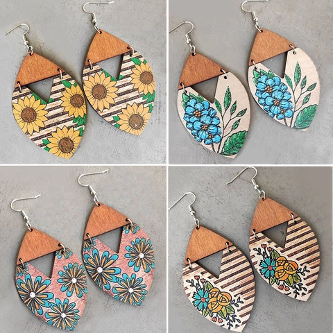 Bohemian Floral Wood Drop Earrings Sunflower Striped Geometric Wooden Dangle Jewelry For Women Vintage Lightweight