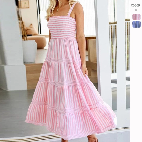 Women Summer Striped Spaghetti Strap Smocked Bust Tiered Maxi Dress Bohemian Vacation Long Sundress Polyester