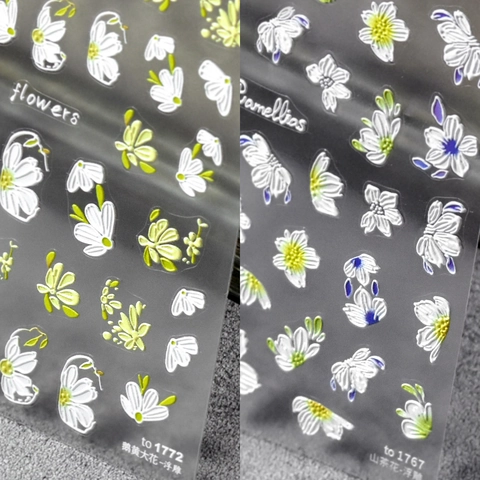 Autocollants À Ongles Fleurs Gaufrées 5D Autocollants Camélia Marguerite Motif Floral Décalcomanies Pour Femmes Décoration Manucure DIY