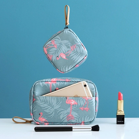 Portable Makeup Bag Waterproof Polyester Zipper Closure Travel Cosmetic Organizer Leather Handle Printed Pattern