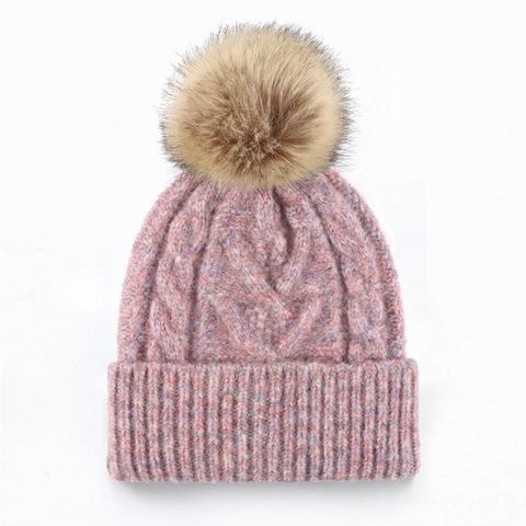 Winter Cable Knit Beanie Hat With Detachable Faux Fur Pom-Pom Warm Ribbed Acrylic Polyester Skull Cap For Women