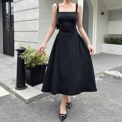 Abito Midi Elegante Da Donna Con Spalline Scollo Quadrato Vita Arricciata Linea A Tinta Unita Senza Maniche Chic