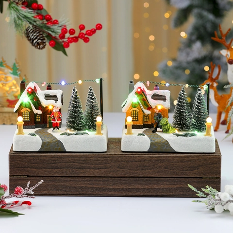 Weihnachtsdorf Haus Miniatur Leuchtende LED Licht Harz Musikbox Schneeszene Weihnachtsmann Feiertag Tischdekoration