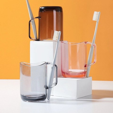 Japanese Style Mouthwash Cup Plastic Translucent Bathroom Tumbler With Handle Wave Mouth Minimalist Toothbrush Holder
