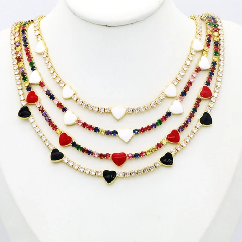 Collana Choker Tennis Pendente Cuore Smalto Rame Placcato Oro 18K Zirconia Cubica Colorata Gioielli Donna