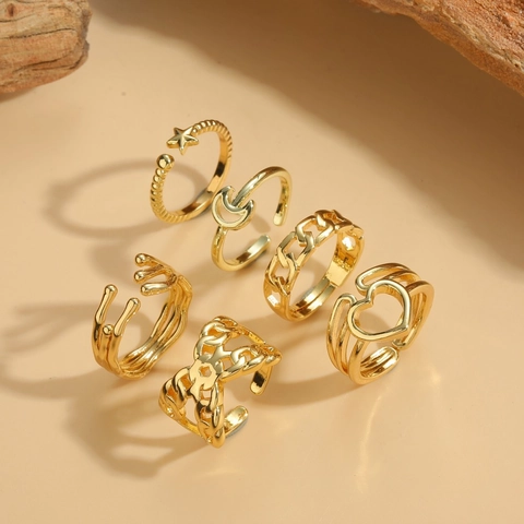 Französisches Retro Herz Stern Mond Offen Ring Für Damen Verstellbar Kupfer Gold Vergoldet Kette Geometrisch Fingerring Modeschmuck