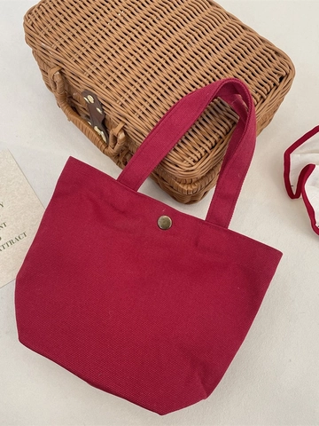 Bolso De Mano De Lona Rojo Vino Retro Simple Bolsa De Almuerzo Portátil Con Botón A Presión De Cobre Para Mujer