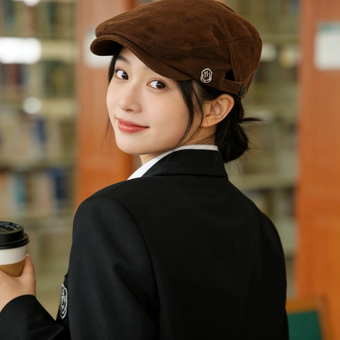 Vintage Corduroy Flat Cap For Men Women Retro British Style Newsboy Beret Hat With Smile Embroidery Adjustable