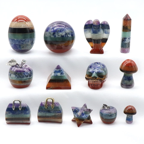 Chakra Healing Stone Pendants Natural Gemstone Carved Ornaments Multicolor Layered Crystal Skull Angel Pyramid Heart