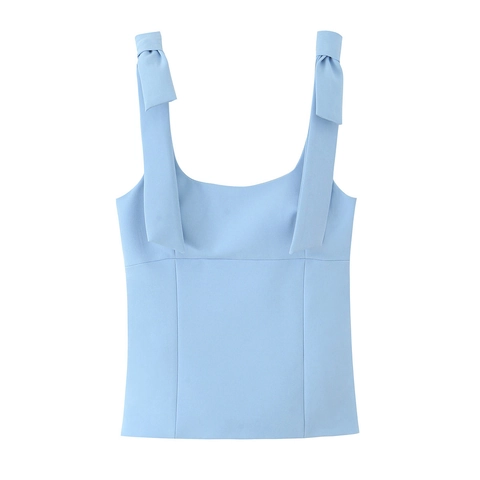 Women Camisole Top Bow Tie Strap Square Neck Slim Fit Cropped Solid Color Polyester Summer Fashion