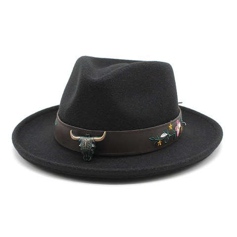 Vintage Western Cowboy Fedora Hat Wool Felt Wide Brim Bull Head Metal Leather Band Floral Embroidery For Men Women