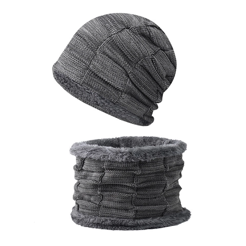 Winterwarme Strickmütze Und Halswärmer Fleece Gefüttert Kariertes Muster Gerippt Dick Draußen Für Herren Damen