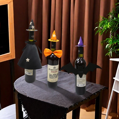 Halloween Wine Bottle Decoration Witch Hat Cloak Bat Wings Fabric PVC For Holiday Party Table Setting Decor