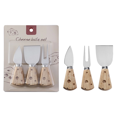 Cheese Knife Fork And Spreader Stainless Steel Blade Rubber Wood Handle Creative Cheese Hole Design Kitchen Tableware