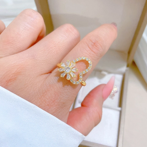 Heart Flower Zircon Open Ring Gold Plated Brass Adjustable Light Luxury Romantic Jewelry For Women