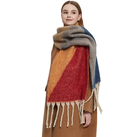 Écharpe Châle Hiver Femme Épais Chaud Imitation Mohair Fil Bouclé Jacquard Bloc De Couleur Avec Glands