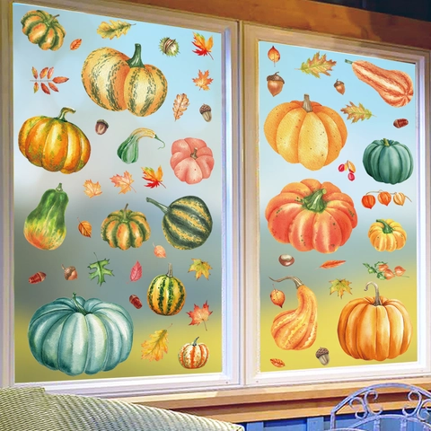 Thanksgiving Window Clings Autumn Pumpkin Maple Leaves Double Sided Static PVC Stickers Glass Decoration Watercolor Style