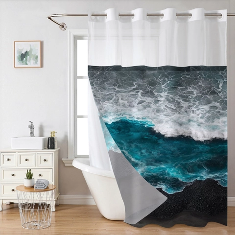 Ocean Wave Print Shower Curtain And Bath Mat Waterproof Polyester Snap-In Liner Weighted Magnet Bottom Grommet Top