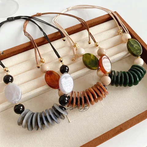 Collana Vintage Bohémien Perle Resina Acrilica Pendente Ovale Geometrico Cordino Intrecciato Etnico Gioielli Clavicola