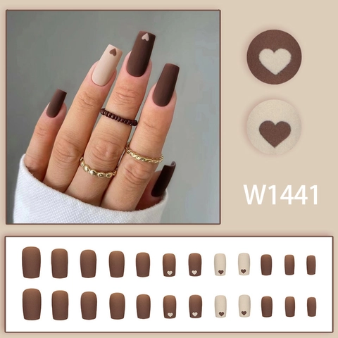 Matte Coffee Milk Heart Pattern Coffin Press On Nails Artificial Fake Nails For Women Luxury Style