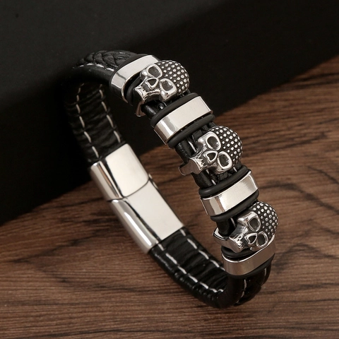 Bracciale In Pelle Intrecciata Da Uomo Con Ciondoli A Teschio In Acciaio Inossidabile E Chiusura Magnetica Punk