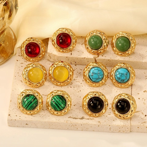 Vintage Round Stud Earrings Stainless Steel Earring Post Quilted Gold Texture Border Colorful Cat Eye Stone Retro French Fashion