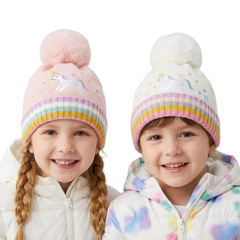 Cappello Invernale Per Bambini Ricamo Unicorno Strisce Arcobaleno Berretto In Maglia Foderato In Pile Pompon Di Pelliccia