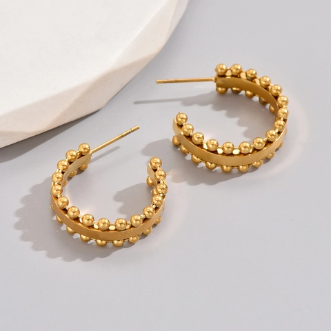 Vintage Französische 18K Vergoldete Edelstahl C-Form Creolen Für Damen Trendige Perlenrand Geometrische Ohrringe Schmuck