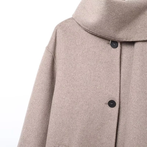 Chaqueta De Lana Para Mujer Con Cuello Bufanda Abrigo Corto Suelto Color Sólido Ropa De Invierno Con Botones Elegante