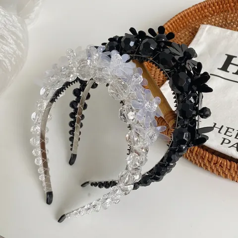 Beaded Flower Headband Acrylic Crystal Dimensional Floral Hair Hoop Korean Style Vintage Hair Accessories For Women Anti-slip