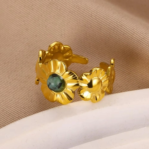 Vintage Flower Evil Eye Heart Adjustable Ring Stainless Steel 18K Gold Plated Natural Stone Jewelry For Women