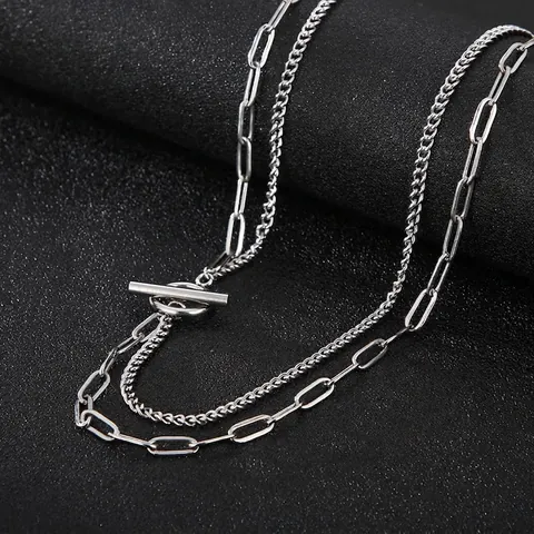 Collier Multicouche Acier Inoxydable Chaîne À Trombones Et Maillons Cubains Avec Fermoir OT Bijoux Hip Hop Hommes Femmes