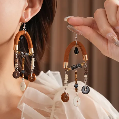 Pendientes Colgantes Étnicos Bohemios Con Cuero Madera Cuentas Y Poste De Plata De Ley 925 Joyería Vintage Para Mujer
